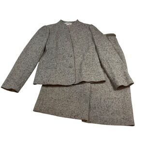 John Meyer Neutral Tweed Skirt Suit Set - Womens Small Jacket & Skirt Collarless
